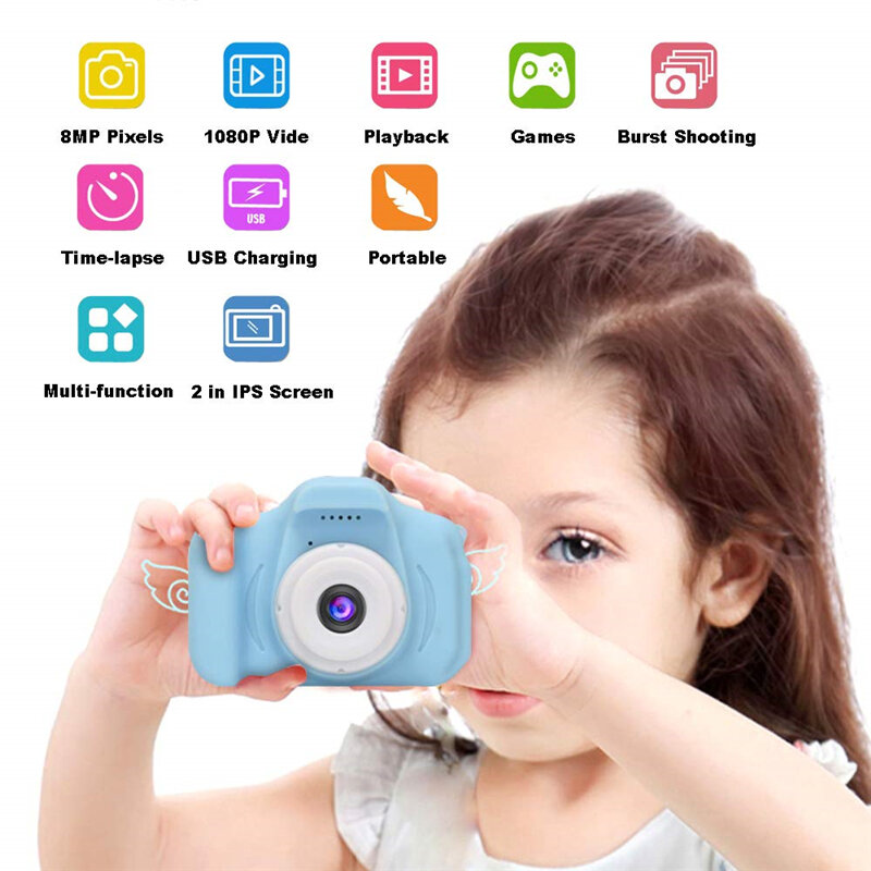 8M 1080P 4X Zoom Mini Digital Camera 2 inch Screen support 32GB TF Card for Kids Baby Cute Camcorder Video Chil - Blue
