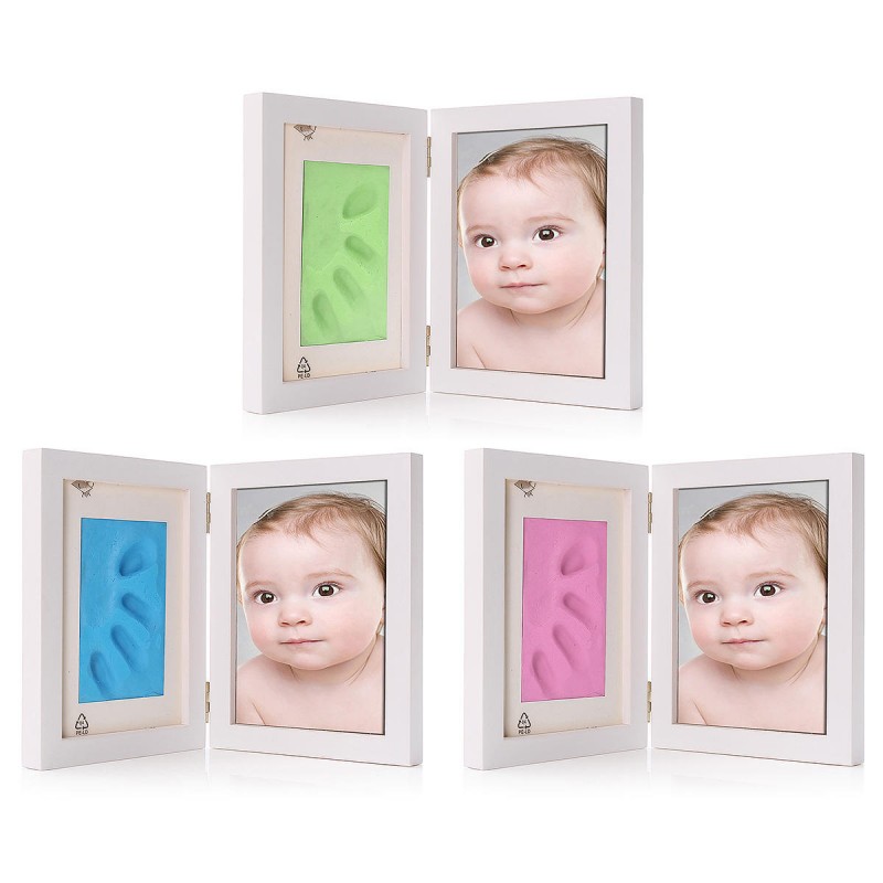 7 Inch New Born Baby Hnad Foot Print Clay Wood Photo Frame Stand Home Decor - Blue