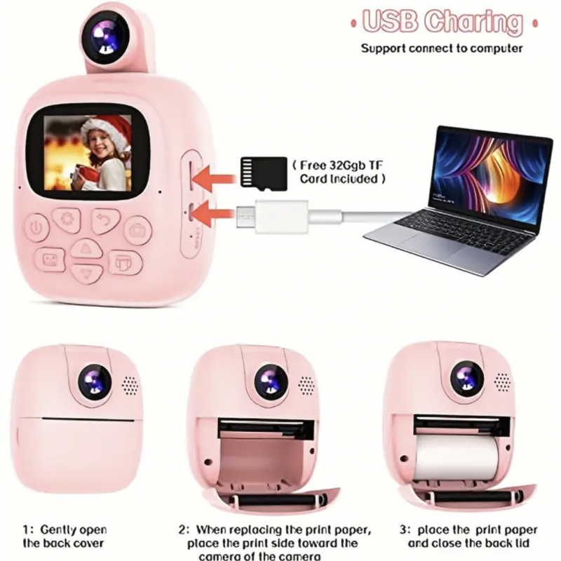 Kids Instant Print Camera, 1080P Video Recorder For Girls And Boys Gift, Kids Selfie Camera With Rotatable Lens, Kids Camera With 32GB SD Card 3-14 Kids Thermal Camera