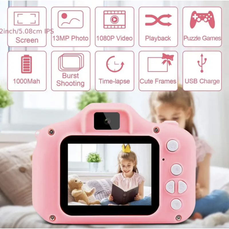 pink 1080P Kids Digital Camera, Color Toy Kids Rechargeable Camera With 2 Inch Screen 13MP 32GB Card
