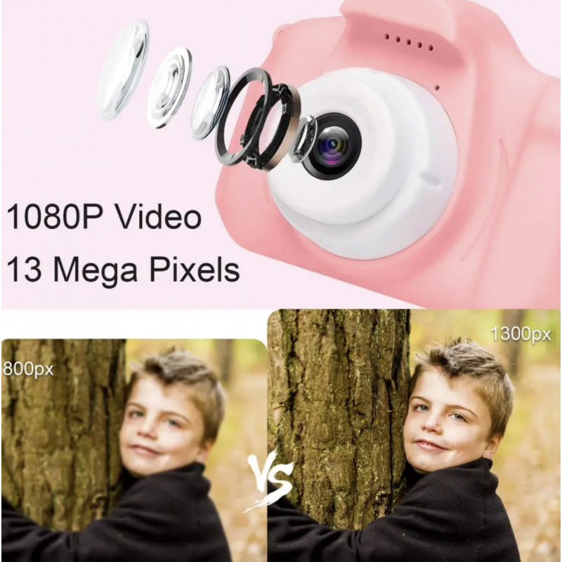 pink 1080P Kids Digital Camera, Color Toy Kids Rechargeable Camera With 2 Inch Screen 13MP 32GB Card