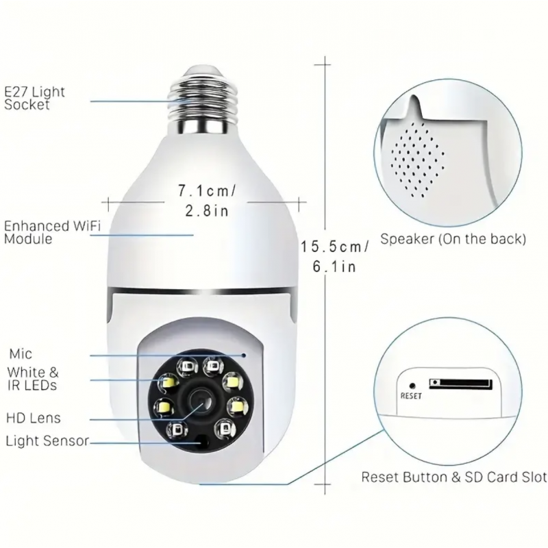 1pc E27 Bulb Safe Wifi Camera Wireless, 355 Degree Panoramic IP Camera, 2.4GHz WiFi 1080P Smart Home Monitoring Camera, With Motion Detection Alarm Night Vision Two-way Communication ease Life App, No TF/SD Card