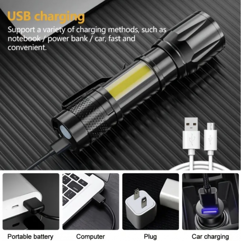 250LM USB Mini Led Flashlight Built In Battery, Waterproof XPE Zoomable Focus Lamp Adjustable Penlight, Home Torch, Camping Lanter, Outdoor Lighting Accessories