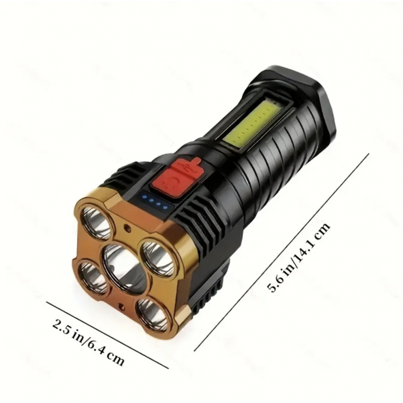 1pc Rechargeable LED Flashlight, Outdoor Multifunction Waterproof, LED Remote Spotlight, 5*LED, Battery Display, COB Side Light