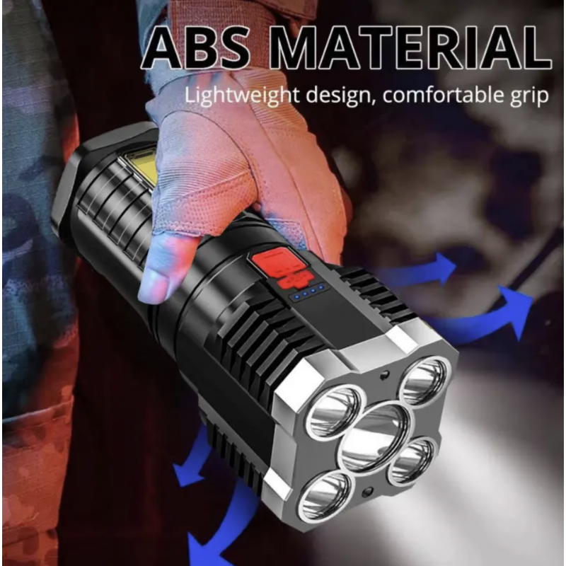 1pc Rechargeable LED Flashlight, Outdoor Multifunction Waterproof, LED Remote Spotlight, 5*LED, Battery Display, COB Side Light